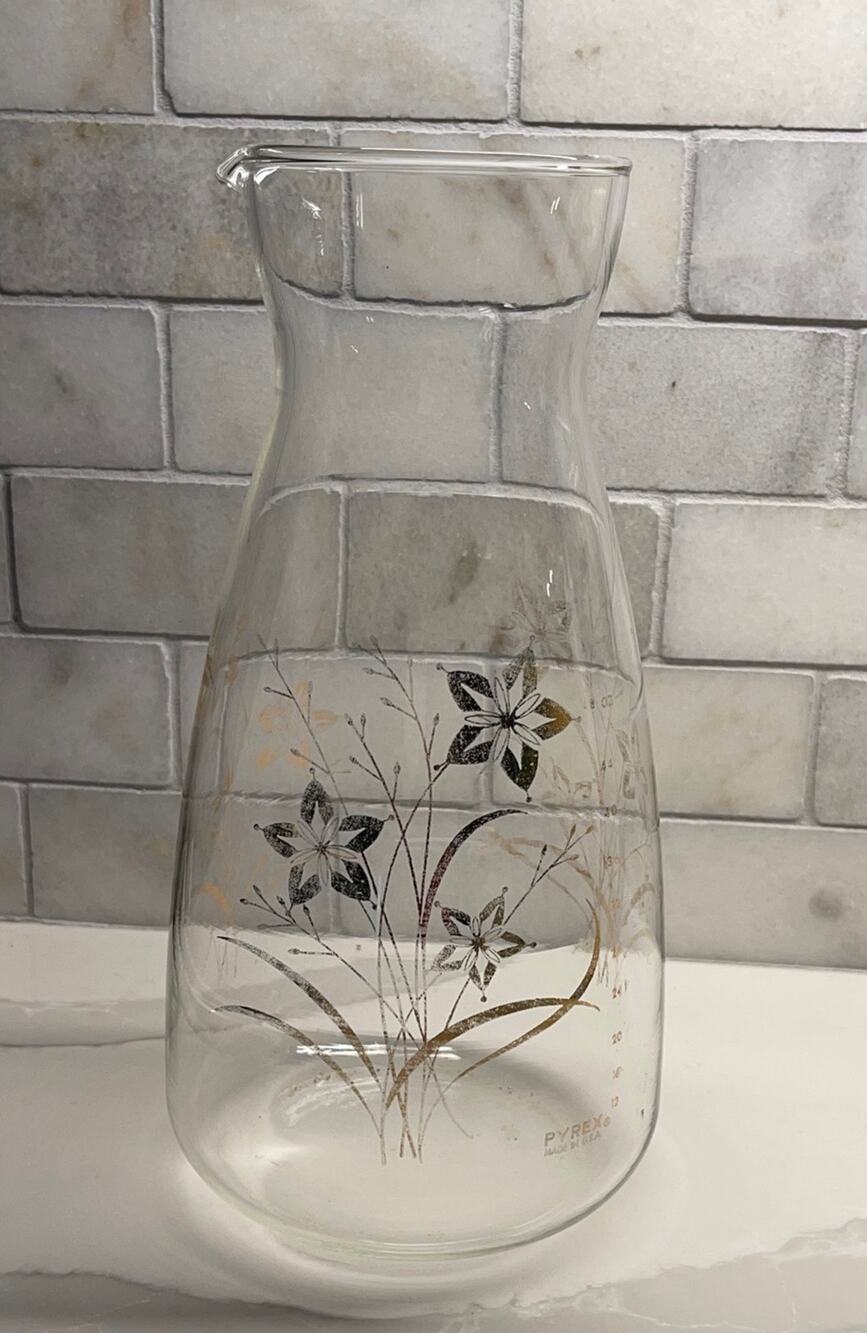 Vintage Pyrex 48 oz Juice Carafe or Pitcher with Gold Floral Design